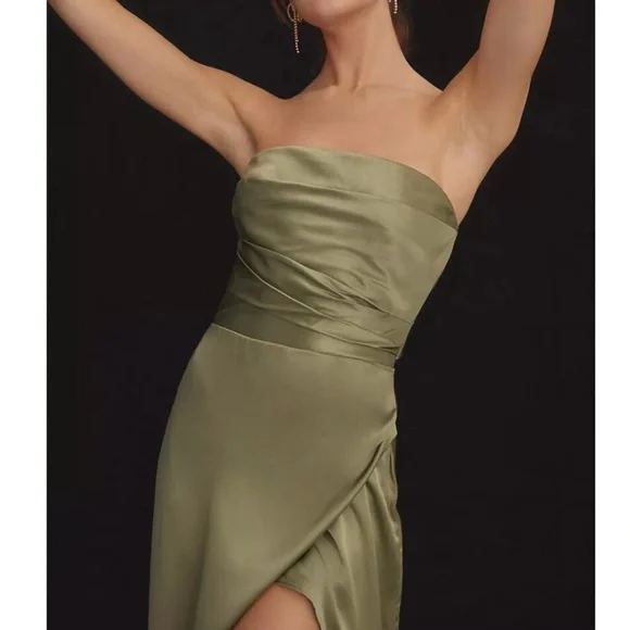 Reformation Barrow Artichoke Green Silk Strapless Cocktail Gown Size 2 NWT